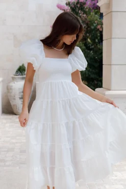 Annette Puff Sleeve Shirred Midi Dress