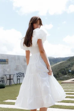 Annette Puff Sleeve Shirred Midi Dress
