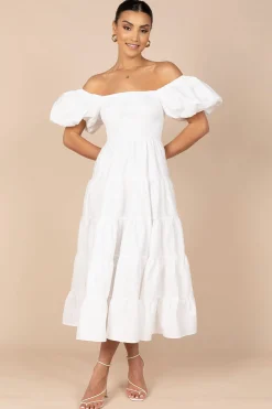 Annette Puff Sleeve Shirred Midi Dress