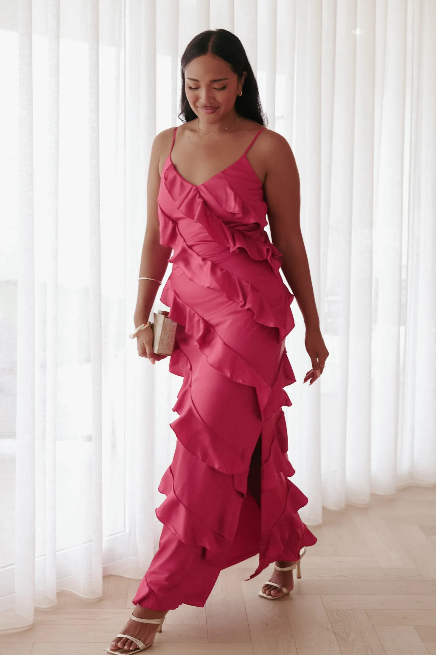 Ciao Ruffles Maxi Satin Dress
