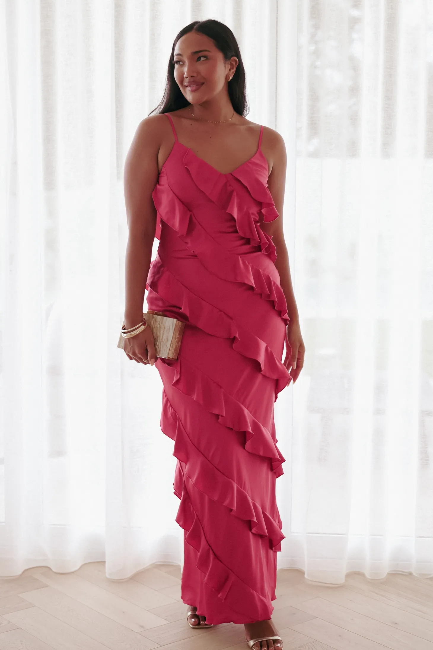 Ciao Ruffles Maxi Satin Dress