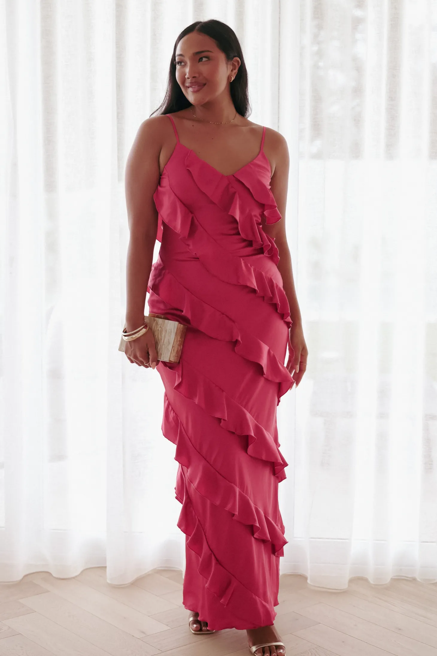 Ciao Ruffles Maxi Satin Dress