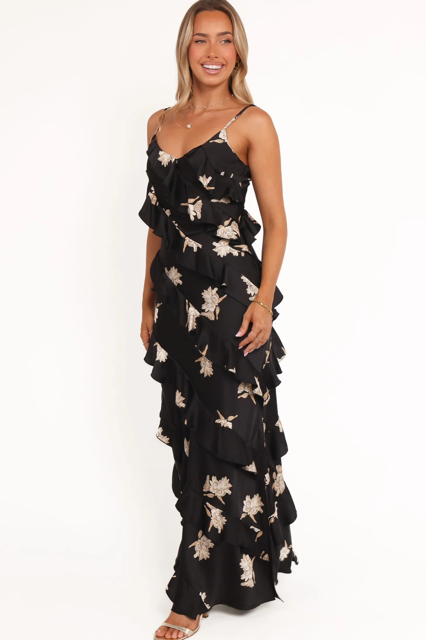 Ciao Ruffles Maxi Satin Dress