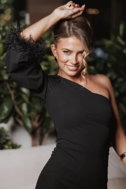 Dame One Shoulder Feather Midi Dress