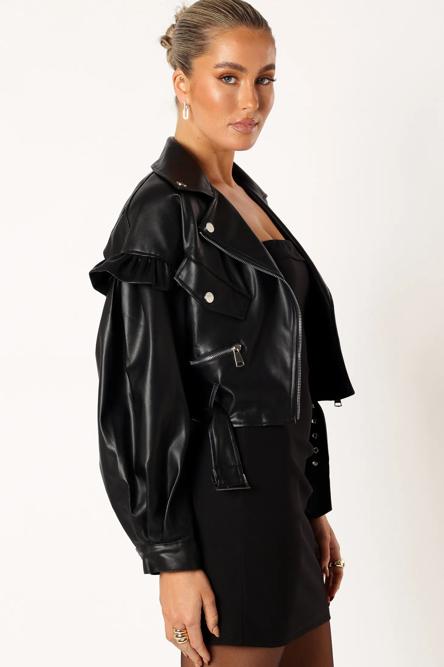 Hanna Ruffle Sleeve Faux Leather Jacket