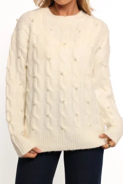 Kalai Cable Knit Pearl Detail Knit Sweater