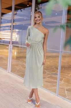 Pontee One Shoulder Pleated Midi Dress