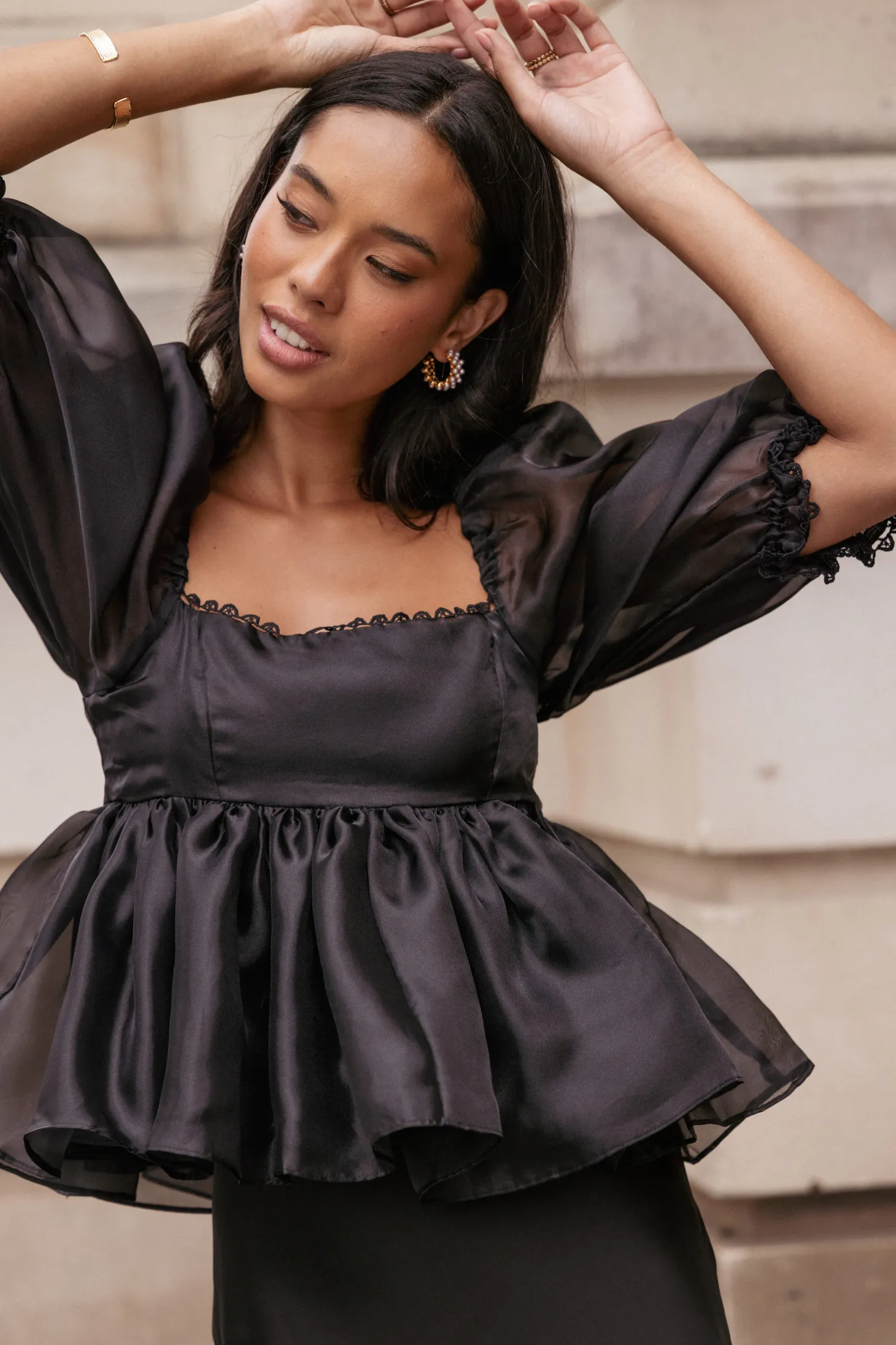 Solenne Puff Sleeve Peplum Organza Top
